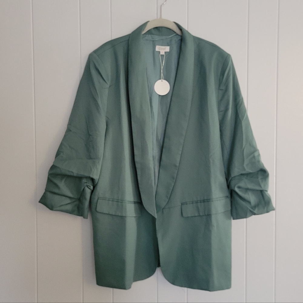 NWT Oddy Ruched Sleeve Blazer Jacket Sage Green Teal Open Front Chic Career 3XL